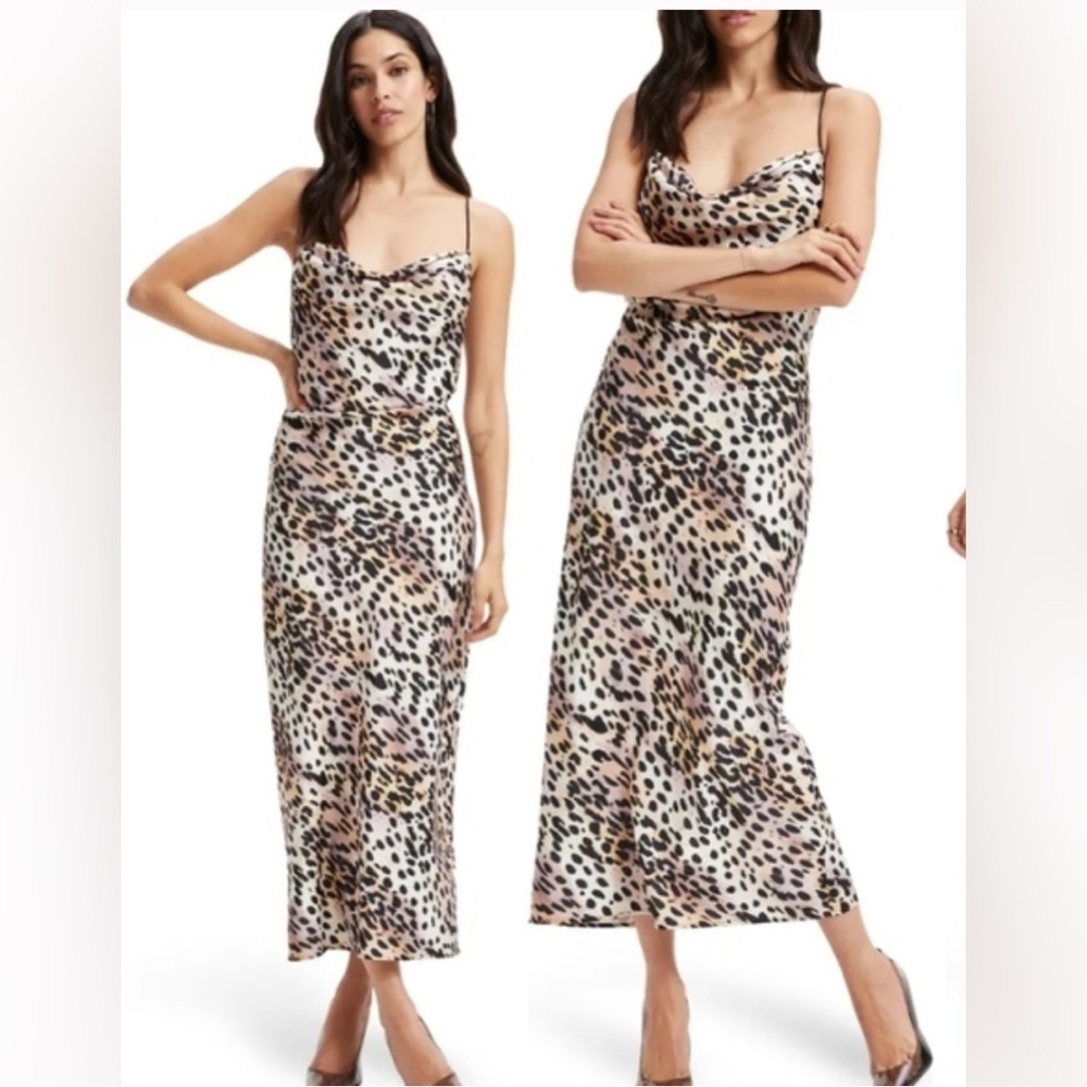 Good American Satin Rose Cheeta Print Animal Print Spaghetti Straps MIDI Dress 4